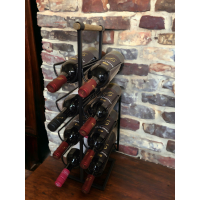 Wijnrek staand zwart 8 flessen metaal met houten handvat. Afmetingen 19,5 x 19,5 x 60 cm