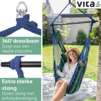 Vita5 XXL Hangstoel | Binnen&Buiten Hangnest | Incl. 2 Kussens en Boekenvak | Volwassenen&Kinderen | Hangmatstoel tot 200kg | Blauw/Groen zonder Ophangsysteem