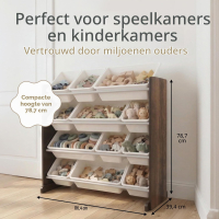 Humble Crew plank voor kinderkamer, plank voor het opbergen van speelgoed met 12 opbergbakken, espresso/wit