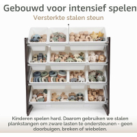 Humble Crew plank voor kinderkamer, plank voor het opbergen van speelgoed met 12 opbergbakken, espresso/wit