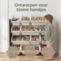 Humble Crew plank voor kinderkamer, plank voor het opbergen van speelgoed met 12 opbergbakken, espresso/wit