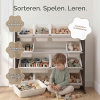 Humble Crew plank voor kinderkamer, plank voor het opbergen van speelgoed met 12 opbergbakken, espresso/wit